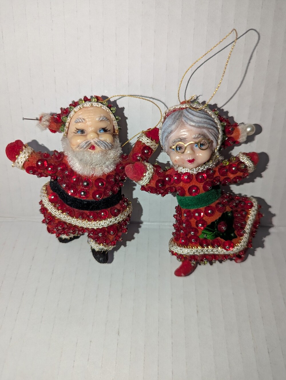 Vintage 1960s Mid-Century Flocked Sequin Santa & Mrs Claus Ornament Pair As-Is